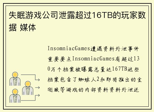 失眠游戏公司泄露超过16TB的玩家数据 媒体